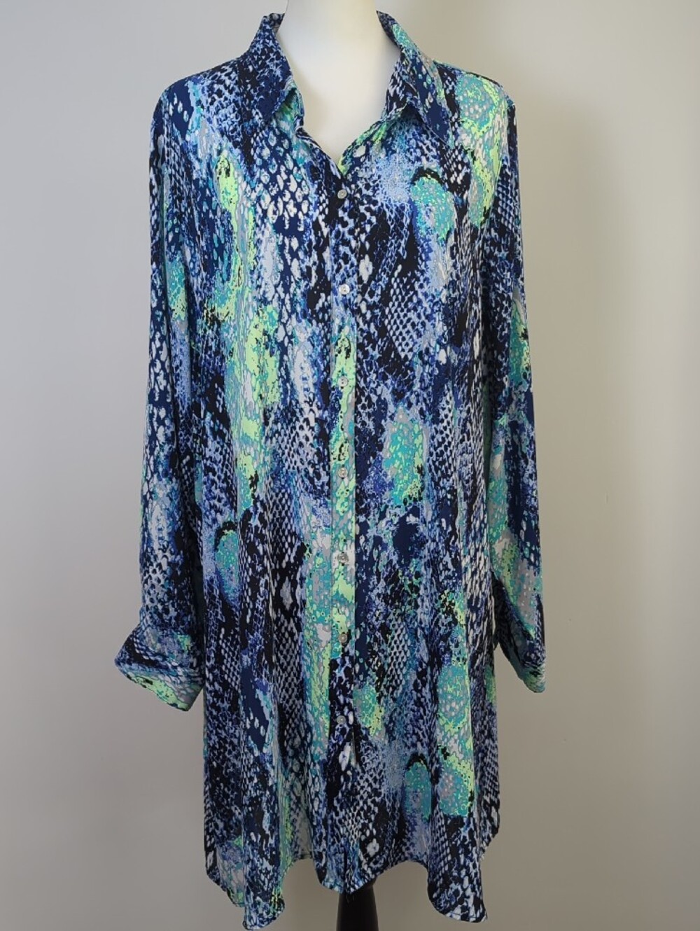 Investments II Blue Green Faux Snakeskin Button Up Shirt Dress Tunic Size 1X